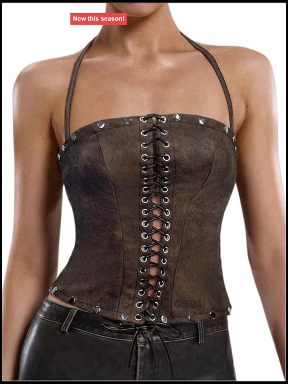 WDIRARA Women's PU Leather Lace Up Halter Top Vintage Western Sleeveless